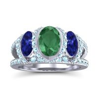 Lab Emerald Ring In Palladium With Blue Sapphire And Aquamarine Vapra Oval Three-stone Ring