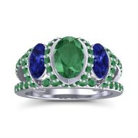 Lab Emerald Ring In Palladium With Blue Sapphire And Emerald Vapra Oval Three-stone Ring