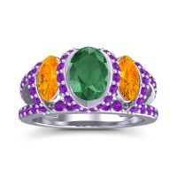 Emerald Ring In Palladium With Citrine And Amethyst Vapra Oval Three-stone Ring