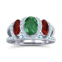 Emerald Ring In 18k White Gold With Garnet And Aquamarine Vapra Oval Three-stone Ring
