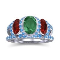 Emerald Ring In Palladium With Garnet And Swiss Blue Topaz Vapra Oval Three-stone Ring