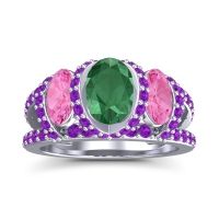 Emerald Ring In Palladium With Pink Tourmaline And Amethyst Vapra Oval Three-stone Ring