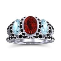 Garnet Ring In 14k White Gold With Aquamarine And Black Onyx Vapra Oval Three-stone Ring