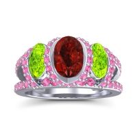 Garnet Ring In 14k White Gold With Peridot And Pink Tourmaline Vapra Oval Three-stone Ring