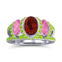 Garnet Ring In 14k White Gold With Pink Tourmaline And Peridot Vapra Oval Three-stone Ring