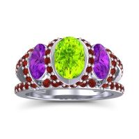Peridot Ring In 14k White Gold With Amethyst And Garnet Vapra Oval Three-stone Ring