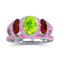 Peridot Ring In 14k White Gold With Garnet And Pink Tourmaline Vapra Oval Three-stone Ring