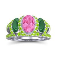 Pink Tourmaline Ring In 14k White Gold With Emerald And Peridot Vapra Oval Three-stone Ring