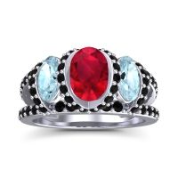 Ruby Ring In 14k White Gold With Aquamarine And Black Onyx Vapra Oval Three-stone Ring