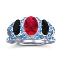 Lab Ruby Ring In Palladium With Black Onyx And Swiss Blue Topaz Vapra Oval Three-stone Ring