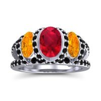 Ruby Ring In 18k White Gold With Citrine And Black Onyx Vapra Oval Three-stone Ring