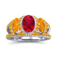 Ruby Ring In Platinum With Citrine Vapra Oval Three-stone Ring