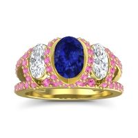 Lab Blue Sapphire Ring In 14k Yellow Gold With Diamond And Pink Tourmaline Vapra Oval Three-stone Ring