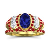 Lab Blue Sapphire Ring In 14k Yellow Gold With Lab Diamond And Ruby Vapra Oval Three-stone Ring