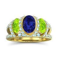 Lab Blue Sapphire Ring In 18k Yellow Gold With Peridot And Aquamarine Vapra Oval Three-stone Ring