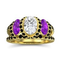 Diamond Ring In 14k Yellow Gold With Amethyst And Black Onyx Vapra Oval Three-stone Ring