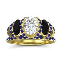 Diamond Ring In 14k Yellow Gold With Black Onyx And Blue Sapphire Vapra Oval Three-stone Ring