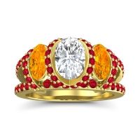 Diamond Ring In 18k Yellow Gold With Citrine And Ruby Vapra Oval Three-stone Ring