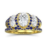 Diamond Ring In 14k Yellow Gold With Blue Sapphire Vapra Oval Three-stone Ring
