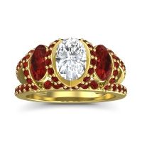Diamond Ring In 18k Yellow Gold With Garnet Vapra Oval Three-stone Ring