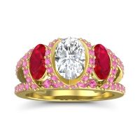 Diamond Ring In 14k Yellow Gold With Ruby And Pink Tourmaline Vapra Oval Three-stone Ring