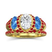 Diamond Ring In 14k Yellow Gold With Swiss Blue Topaz And Ruby Vapra Oval Three-stone Ring