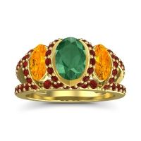 Emerald Ring In 18k Yellow Gold With Citrine And Garnet Vapra Oval Three-stone Ring