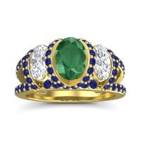 Lab Emerald Ring In 14k Yellow Gold With Lab Diamond And Blue Sapphire Vapra Oval Three-stone Ring