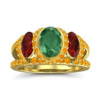 Emerald Ring In 18k Yellow Gold With Garnet And Citrine Vapra Oval Three-stone Ring