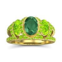Lab Emerald Ring In 18k Yellow Gold With Peridot Vapra Oval Three-stone Ring