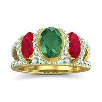 Lab Emerald Ring In 14k Yellow Gold With Ruby And Aquamarine Vapra Oval Three-stone Ring