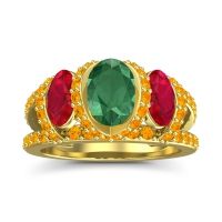 Lab Emerald Ring In 14k Yellow Gold With Ruby And Citrine Vapra Oval Three-stone Ring
