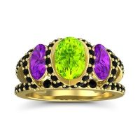 Peridot Ring In 14k Yellow Gold With Amethyst And Black Onyx Vapra Oval Three-stone Ring