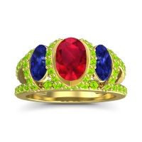 Lab Ruby Ring In 18k Yellow Gold With Blue Sapphire And Peridot Vapra Oval Three-stone Ring