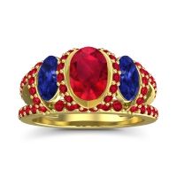 Ruby Ring In 14k Yellow Gold With Blue Sapphire Vapra Oval Three-stone Ring