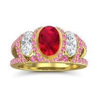 Ruby Ring In 18k Yellow Gold With Lab Diamond And Pink Tourmaline Vapra Oval Three-stone Ring
