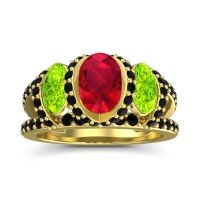 Lab Ruby Ring In 18k Yellow Gold With Peridot And Black Onyx Vapra Oval Three-stone Ring