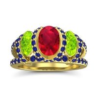 Lab Ruby Ring In 14k Yellow Gold With Peridot And Blue Sapphire Vapra Oval Three-stone Ring