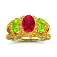 Lab Ruby Ring In 18k Yellow Gold With Peridot And Citrine Vapra Oval Three-stone Ring