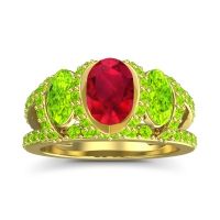 Lab Ruby Ring In 18k Yellow Gold With Peridot Vapra Oval Three-stone Ring