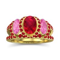 Lab Ruby Ring In 14k Yellow Gold With Pink Tourmaline And Ruby Vapra Oval Three-stone Ring