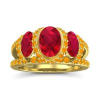 Lab Ruby Ring In 18k Yellow Gold With Ruby And Citrine Vapra Oval Three-stone Ring
