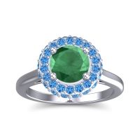 Emerald Engagement Ring In 14k White Gold With Swiss Blue Topaz And Diamond - Visaya Round Halo Ring