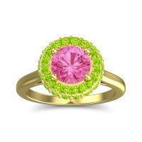 Pink Tourmaline Engagement Ring In 14k Yellow Gold With Peridot And Diamond - Visaya Round Halo Ring