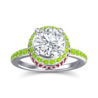 Diamond Ring In Palladium With Peridot And Ruby Vasanta Round Halo Ring