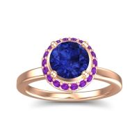 Blue Sapphire Ring In 14K Rose Gold With Amethyst And Pink Tourmaline Kavita Round Halo Ring