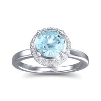 Aquamarine Ring In 14k White Gold With Lab Diamond And Garnet Kavita Round Halo Ring