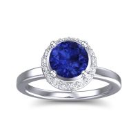 Lab Blue Sapphire Ring In 14k White Gold With Lab Diamond And Garnet Kavita Round Halo Ring