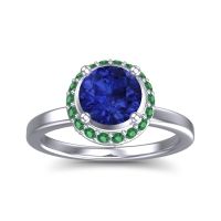 Blue Sapphire Ring In 14k White Gold With Emerald And Ruby Kavita Round Halo Ring