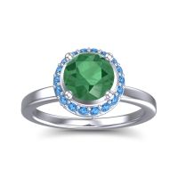 Emerald Engagement Ring In 14k White Gold With Swiss Blue Topaz And Diamond - Kavita Round Halo Ring